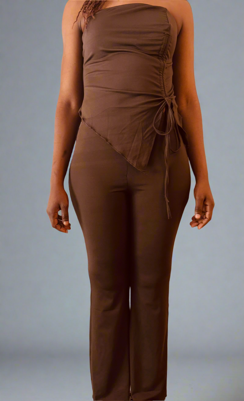 Stylish Ruched Two-Piece Set – Strapless Top and Flared Pants